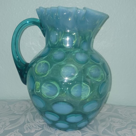 Antique Fenton Blue/Green Opalescent Coin Spot Pitcher - Picture 1 of 7